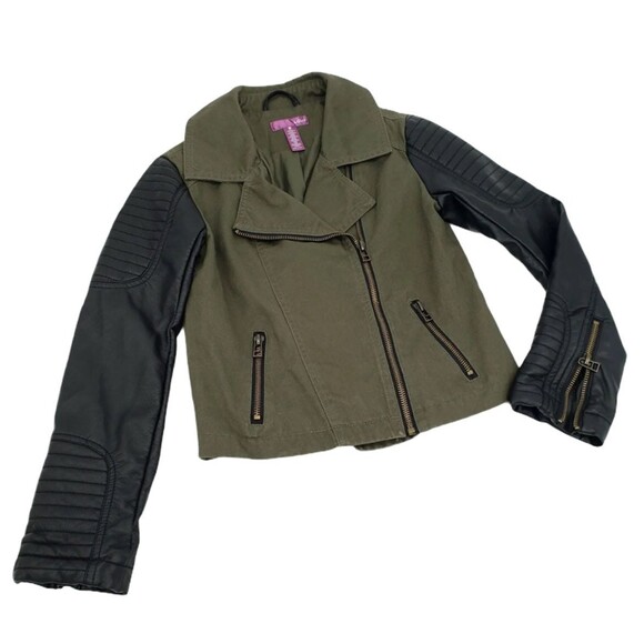Aqua Bloomingdales Moto Jacket Size S Black Faux Leather Sleeves Army Green - Picture 1 of 8